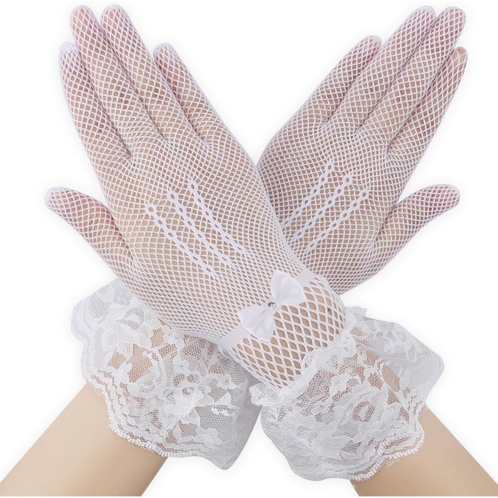 Women's B-White Halloween Tea Short Lace Gloves Elegant Bridal Cosplay Party